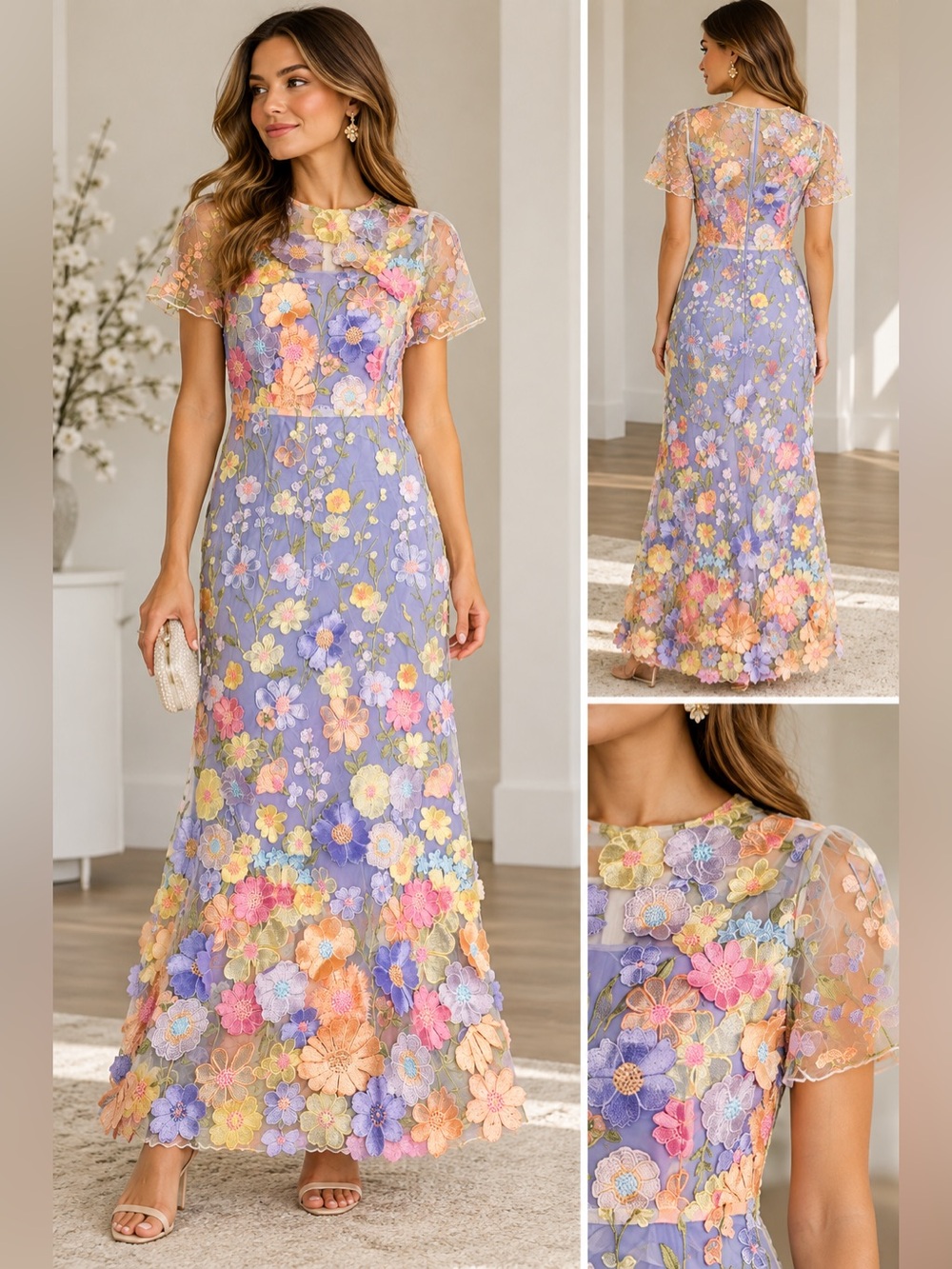 Lavender Floral Embroidered Mesh Maxi Dress Size L 3D Appliqué Formal Gown
